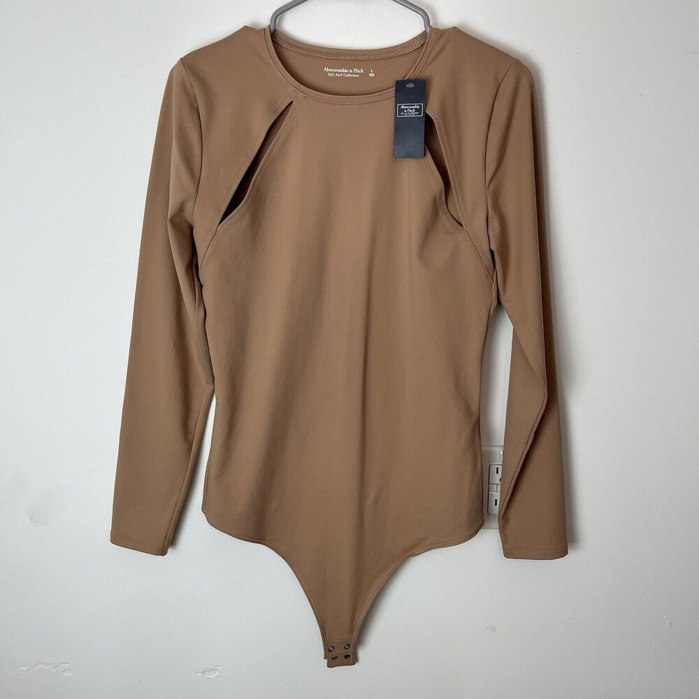 ABERCROMBIE &‎ FITCH Soft A&F Collection Tan Long Sleeve Cutout Nylon Bodysuit L